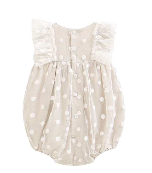 Pañalero color beige  con adorno de olan en los hombros y lunares para bebe niña| NEWNESS