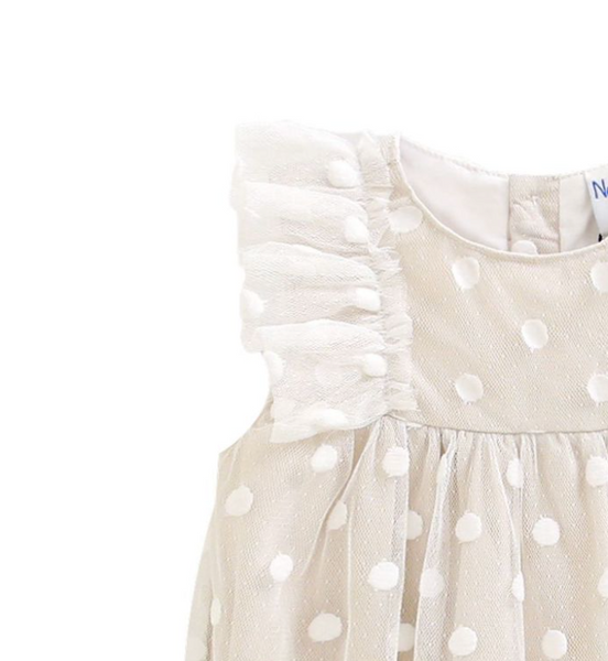 Pañalero color beige  con adorno de olan en los hombros y lunares para bebe niña| NEWNESS