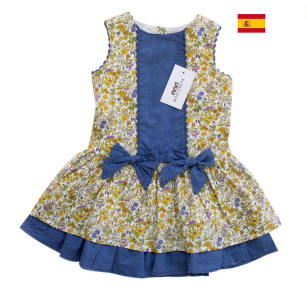 Vestido con flores color amarillo y moños color azul para niña| Newness