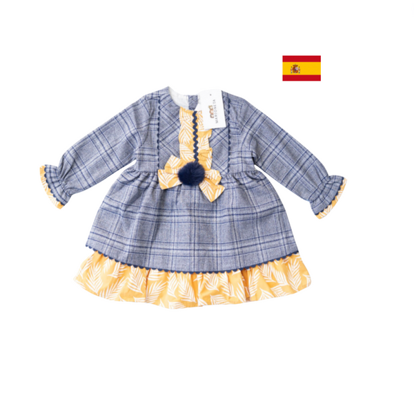 Vestido de fiesta combinado cuadros marinos y detalles en estampado amarillo para niña |Newness