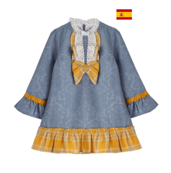 Vestido color azul con olan y moño amarillo para niña | Newness