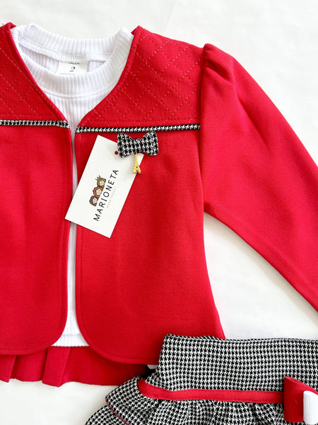 Conjunto tres piezas falda gallo, chaqueta roja playera blanca para niña | mexicano lo lo