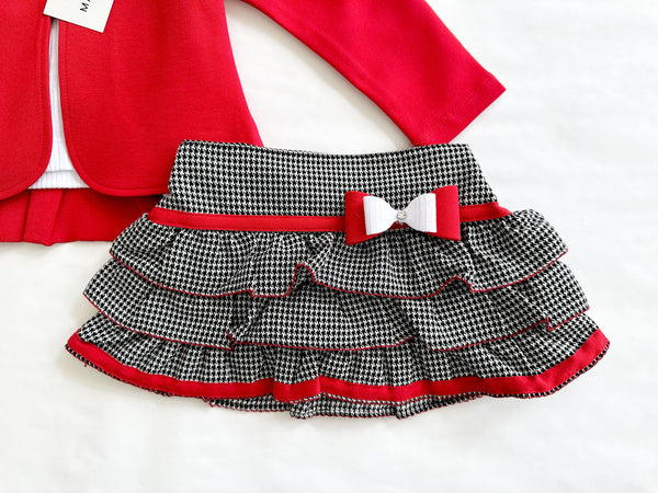 Conjunto tres piezas falda gallo, chaqueta roja playera blanca para niña | mexicano lo lo