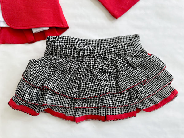 Conjunto tres piezas falda gallo, chaqueta roja playera blanca para niña | mexicano lo lo