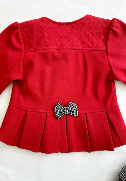 Conjunto tres piezas falda gallo, chaqueta roja playera blanca para niña | mexicano lo lo