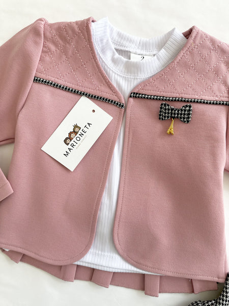 Conjunto tres piezas falda gallo, chaqueta rosa playera blanca para niña | mexicano lo