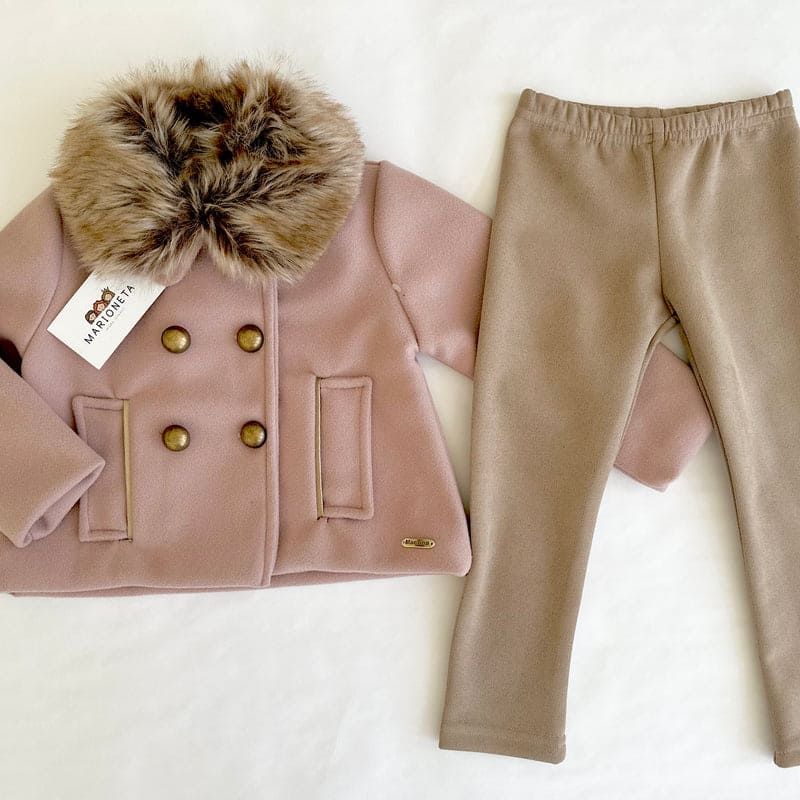 Conjunto saco con peluche desmontable color palo de rosa y pantalon caqui para niña | Mexicana