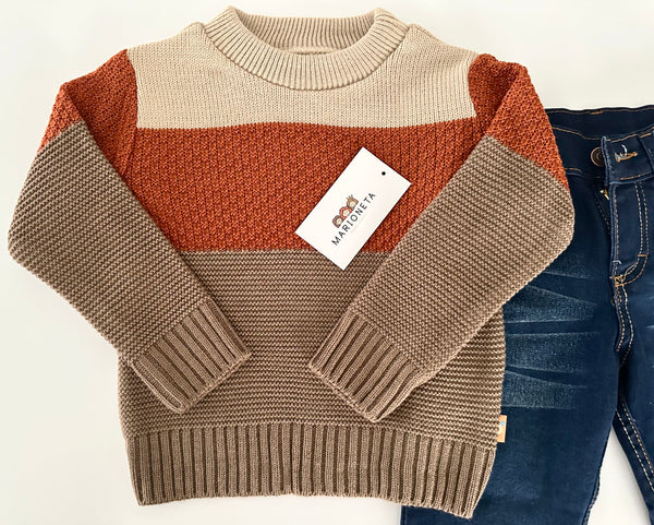 Conjunto dos piezas sueter cafe con franjas y pantalon mezclilla para niño | mexicano