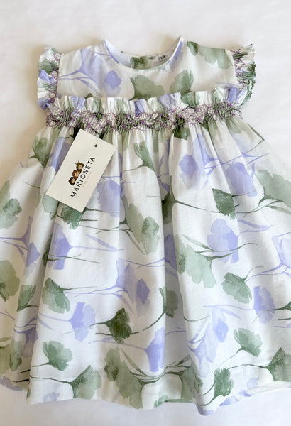 Vestido bordado hecho a mano ivory con flores lila y Verde para niña | CARPI