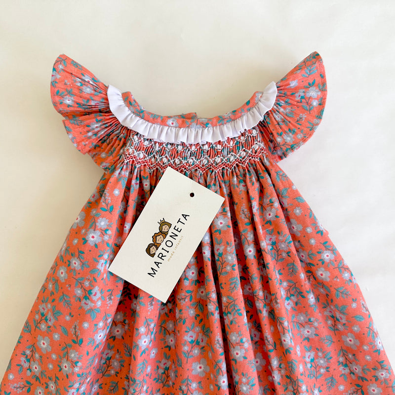 Vestido bordado jesucito hecho a mano color naranja con estampado de flores para niña  CARPI