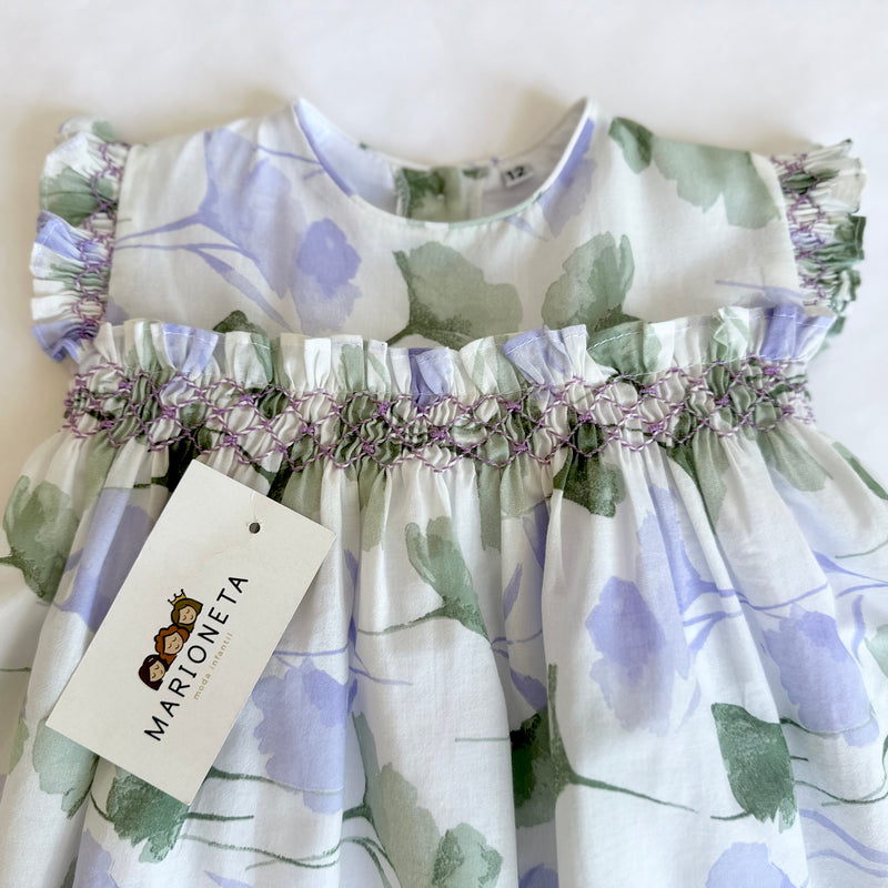 Vestido bordado hecho a mano ivory con flores lila y Verde para niña | CARPI