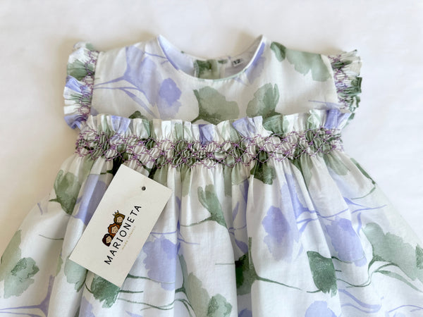 Vestido bordado hecho a mano ivory con flores lila y Verde para niña | CARPI