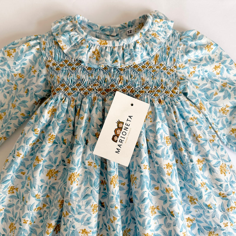 Vestido bordado azul hecho a mano con estampado de flores amarillas manga larga  para niña|