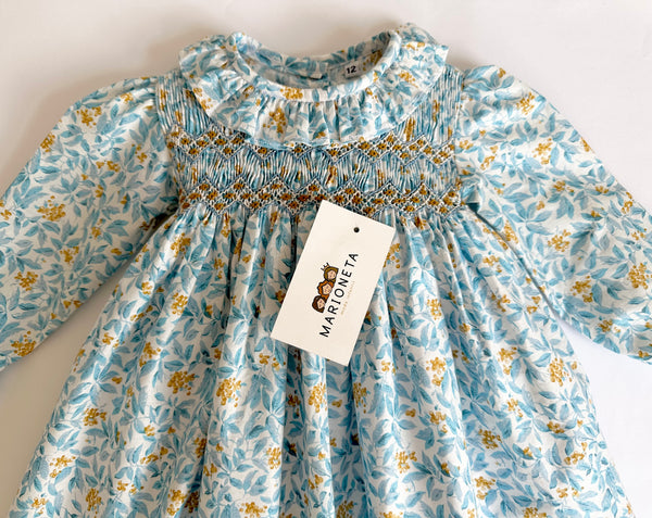 Vestido bordado azul hecho a mano con estampado de flores amarillas manga larga  para niña|