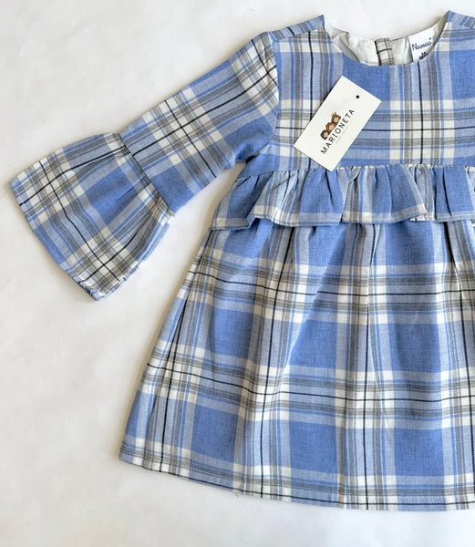 Vestido cuadros azules manga larga para niña | newness