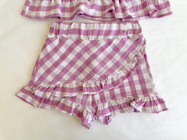 Conjunto dos piezas blusa con picuenta y short falda color lila para niña | MARCA MEXICANA