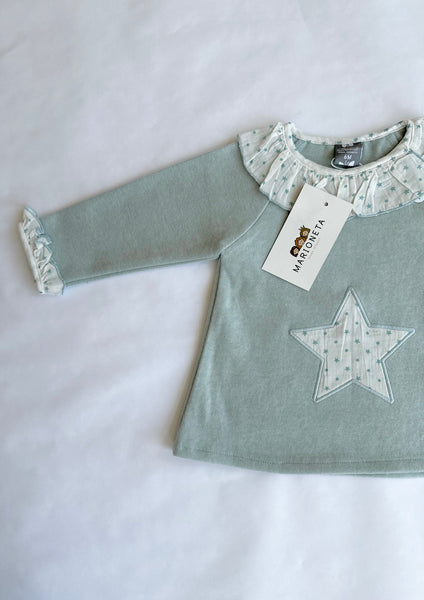 Vestido color verde con volante al cuello blanco con estrellas  manga larga para bebe niña | Dadati