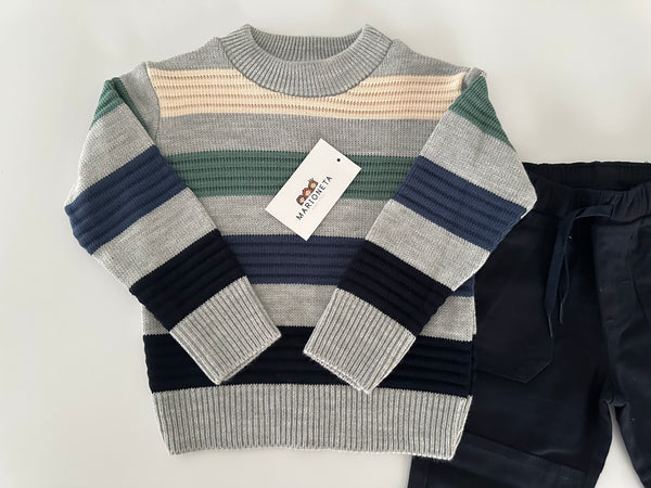 Conjunto dos piezas sueter gris o beige a rayas con pantalon para niño | mexicano