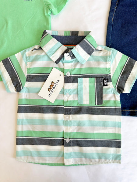 Conjunto tres piezas camisa a rayas verde, playera verde y paantalon de mezclilla para niño |