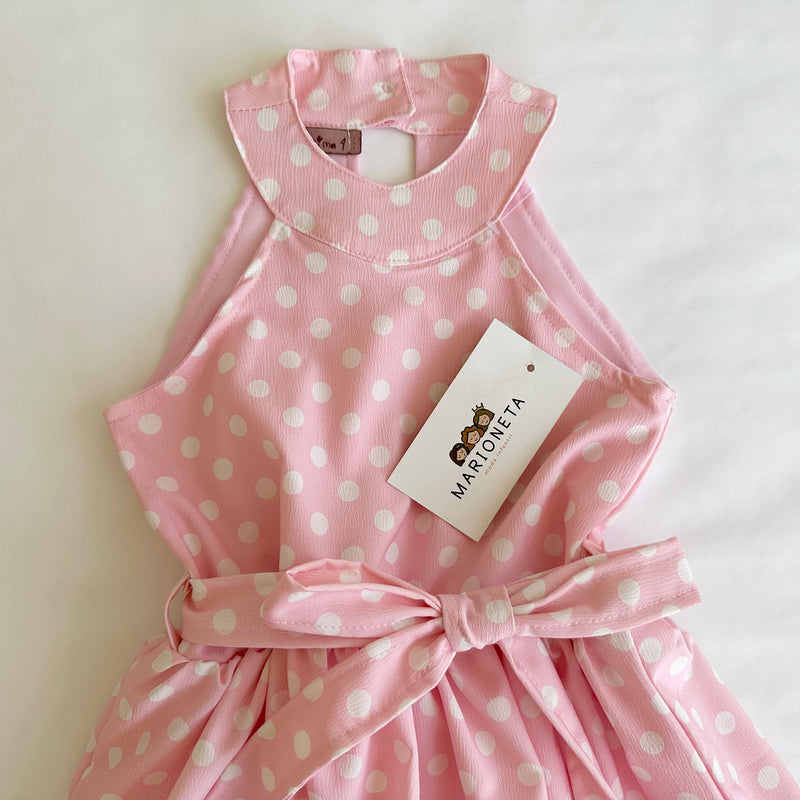 Vestido rosa con topos blancos y olán abajo para niña | mexicano