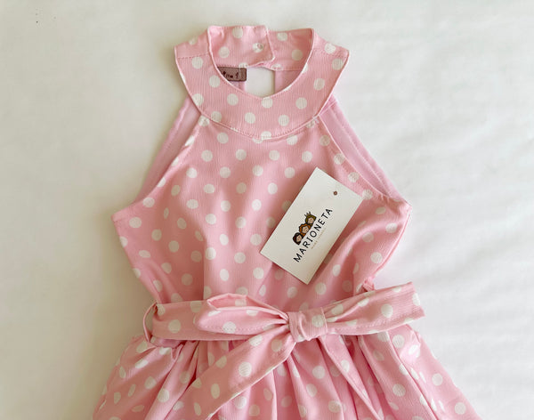 Vestido rosa con topos blancos y olán abajo para niña | mexicano