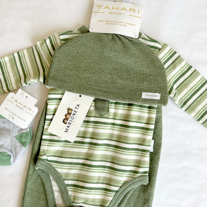 Conjunto cuatro piezas pañalero verde a rayas pantalon gorra y calcetin verde para bebe Niño