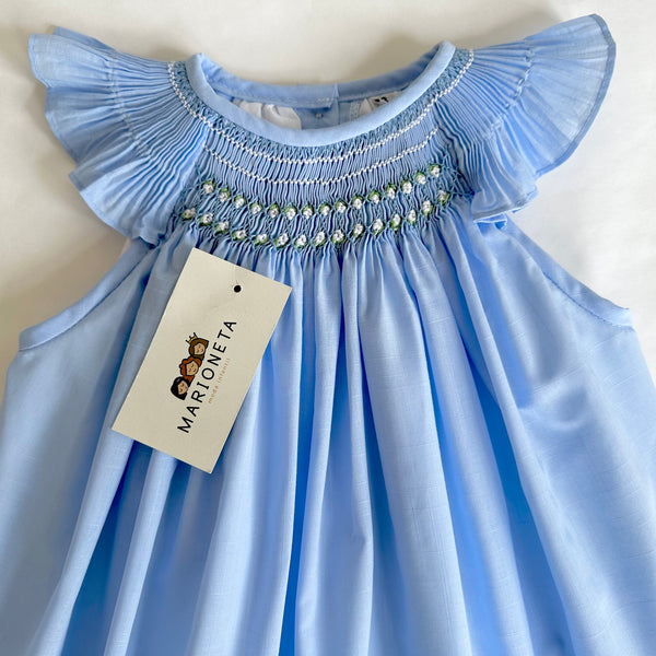 Vestido jesucito hecho a mano color azul con bordado blanco  para niña | CARPI