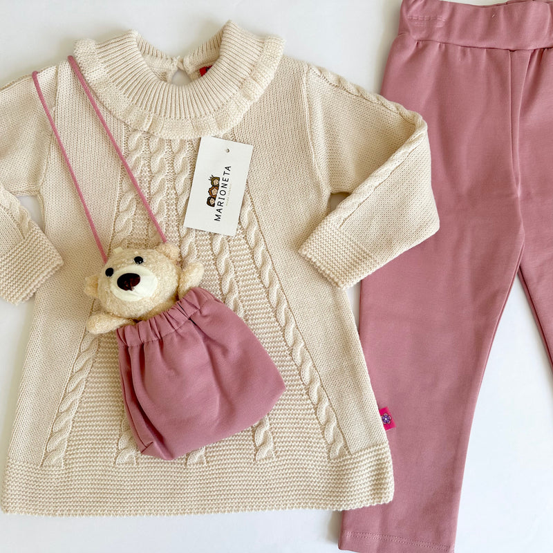 Conjunto tres piezas / pantalón rosa y sueter beige con bolsa para niña