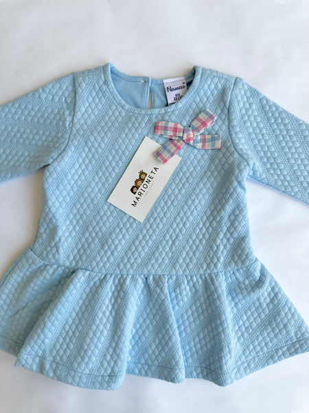 Vestido afelpado color azul  manga larga con adorno de lazo al frente para bebe niña | Newness