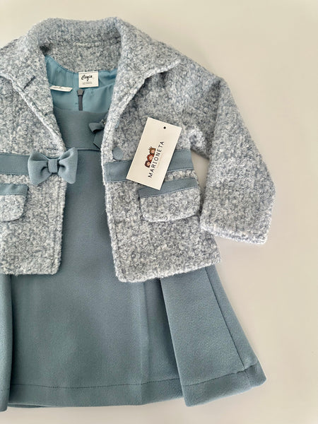 Vestido  color azul  y lazo al frente y juego de abrigo para niña |
