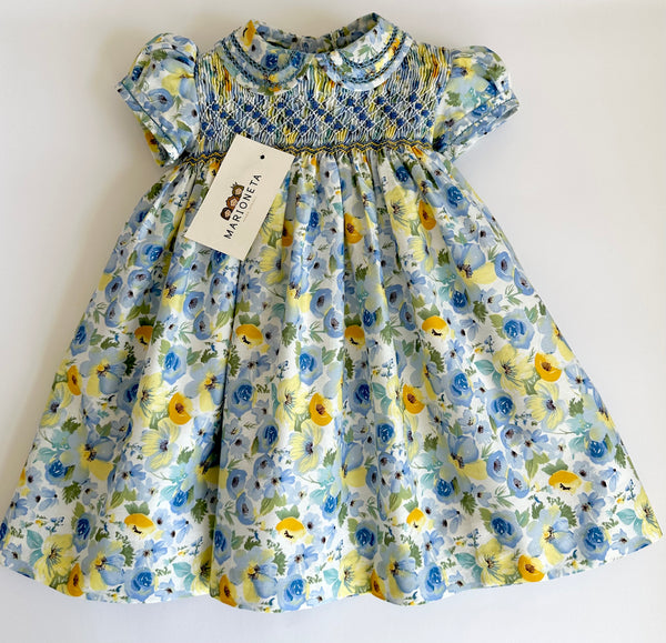 Vestido bordado con flores color azul con amarillo para niña marca CARPI