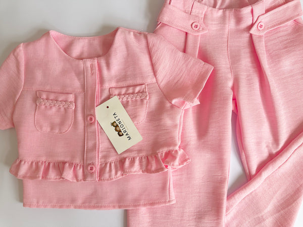 Conjunto tres piezas pantalon, top de tirantes y chaqueta color rosa para niña | mexicana