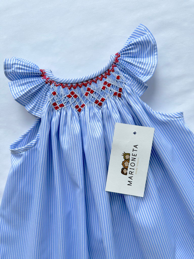 Vestido azul de rayas bordado con flores rojas para niña CARPI