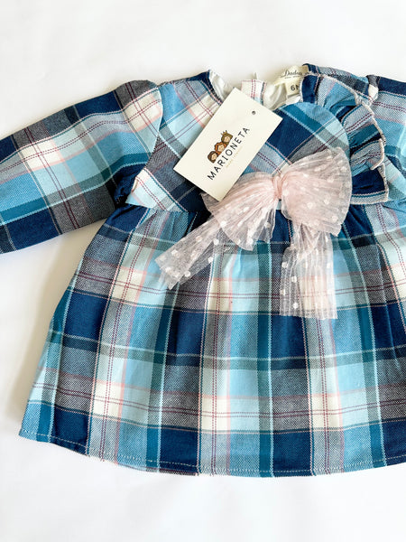 Vestido cuadros turquesa-rosa, con lazo al frente para bebe niña | Dadati