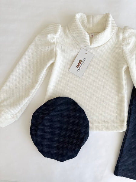 Conjunto tres piezas playera ivory pantalon marino y gorra para niña | mexicana no