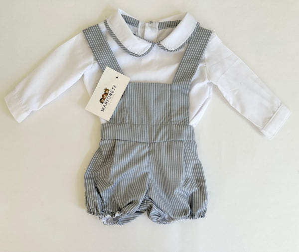 Pañalero gris con rayas blancas y camisa blanca con vivos gris para bebe niño |