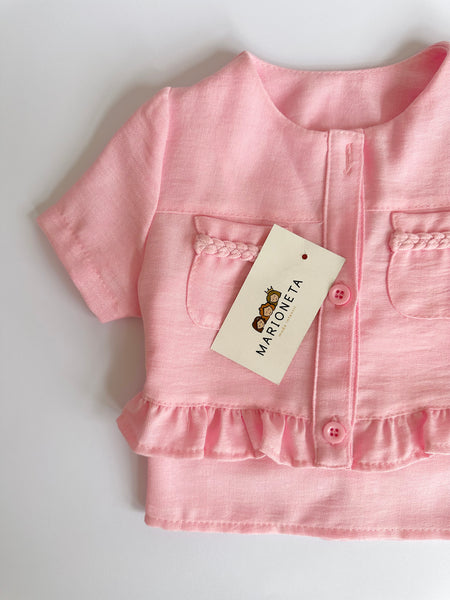 Conjunto tres piezas pantalon, top de tirantes y chaqueta color rosa para niña | mexicana