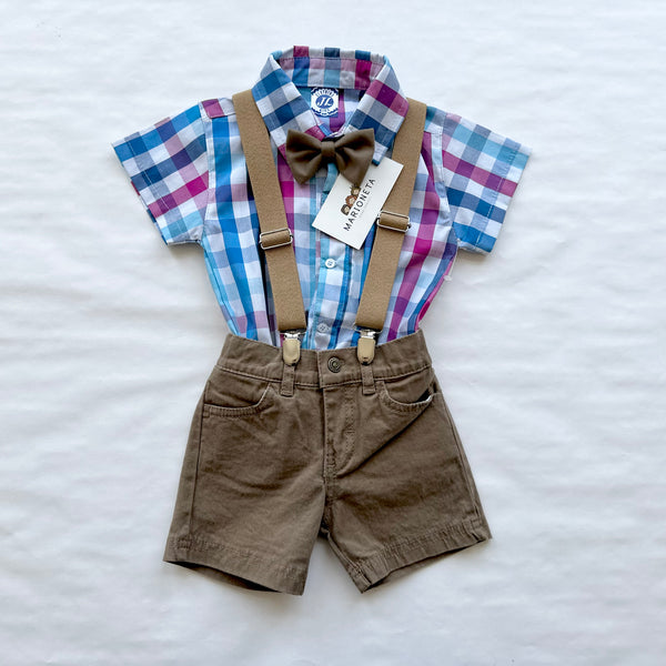 Conjunto cuatro piezas camisa a cuadros y short, tirantes y moño cafe para niño | Mexicano