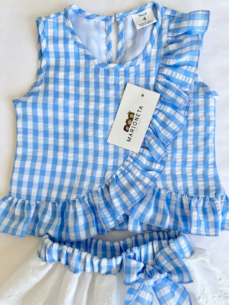 Conjunto dos piezas blusa azul de cuadros y falda blanca con cinto al color de la blusa para niña | MARCA MEXICANA