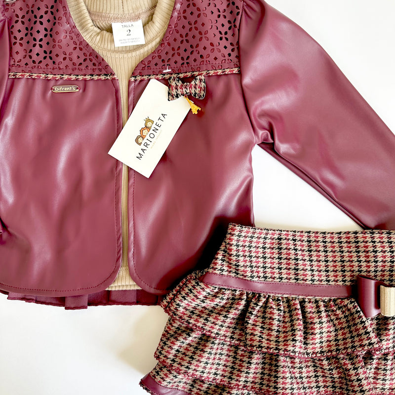 Conjunto tres piezas falda estampada playera caqui y chamara color vino para niña | mexciana