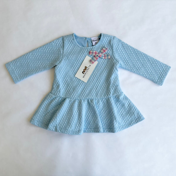 Vestido afelpado color azul  manga larga con adorno de lazo al frente para bebe niña | Newness