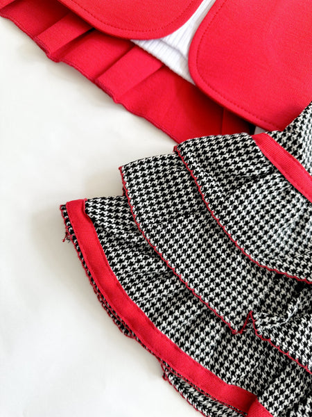 Conjunto tres piezas falda gallo, chaqueta roja playera blanca para niña | mexicano lo lo