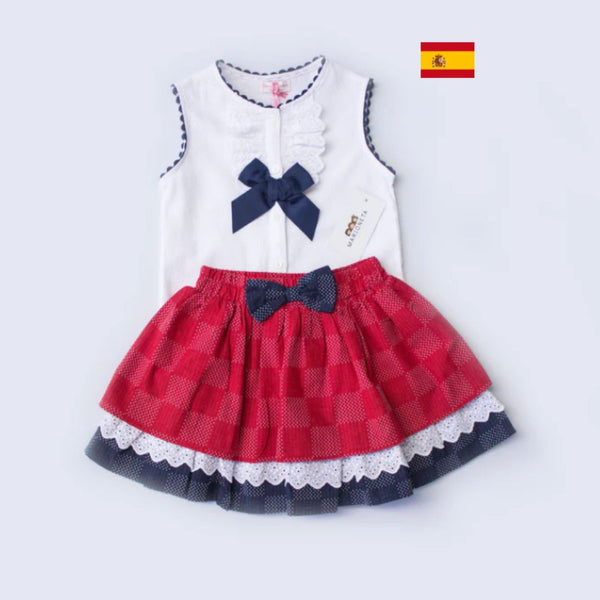 Conjunto dos piezas falda color rojo con azul marino y playera color blanco para niña| Newness