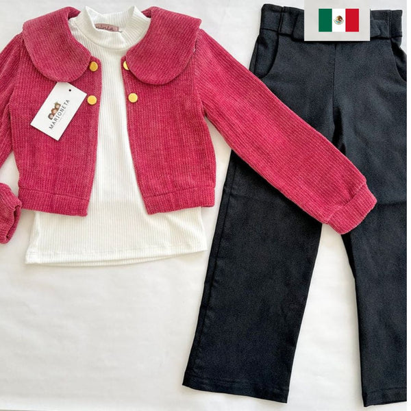 Conjunto tres piezas pantalon imitacion piel playera ivory y sueter rosa con botones dorado| MEXCANOpara niña