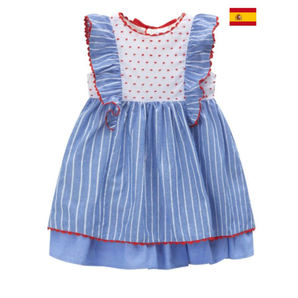 Vestido de fiesta azul con rayas blancas, lazo rojo movible para niña | Newness