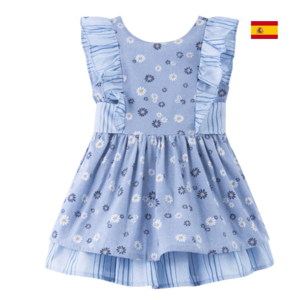 Vestido azul estampado  con olanes y lazo en la parte de atras para niña | Newness