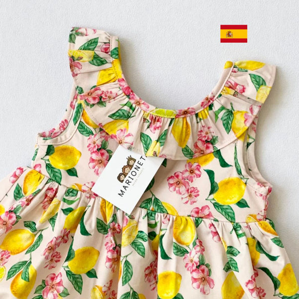 Vestido estampado color amarillo y verde  sin manga para niña | LOSAN