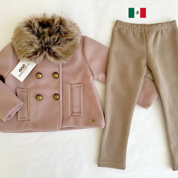 Conjunto saco con peluche desmontable color palo de rosa y pantalon caqui para niña | Mexicana