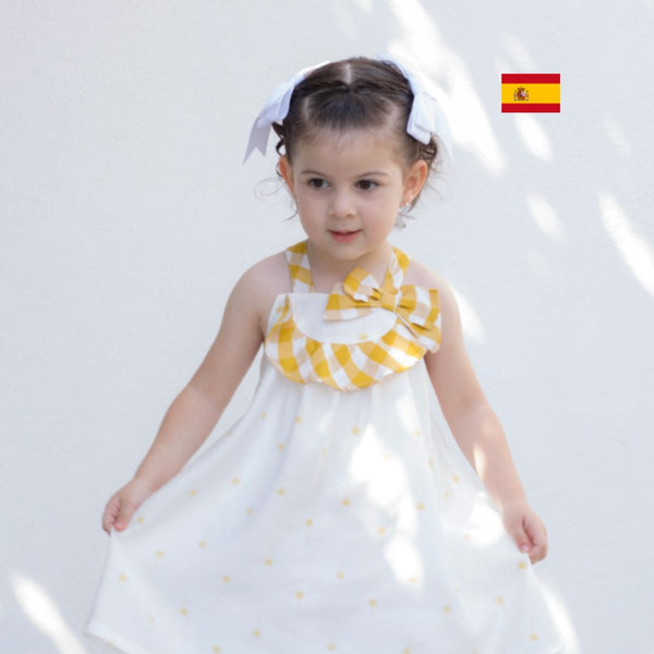 Vestido color blanco con tirantes de cuadros color mostaza para niña| Dadati