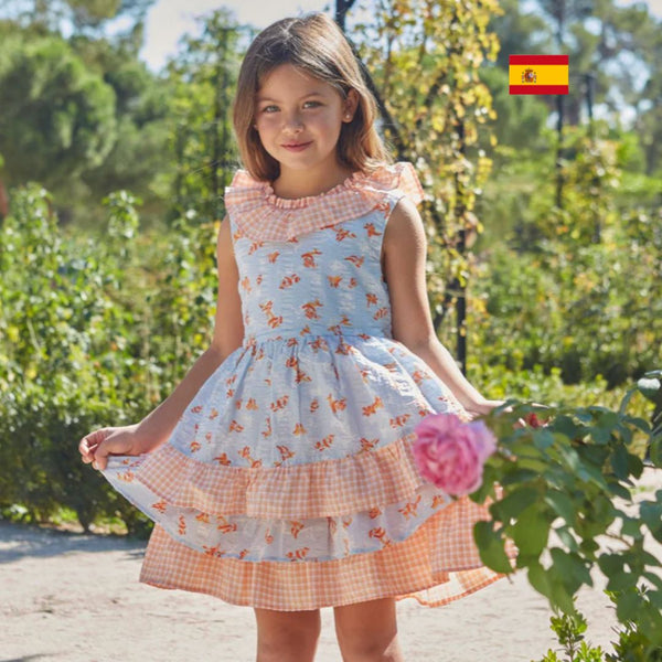 Vestido de fiesta azul con flores del color naranja para niña | Newness